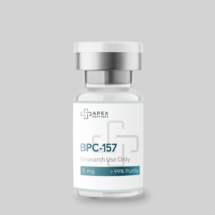 hand holding BPC-157 peptide vial with molecular structure overlay, pharmaceutical research laboratory setting